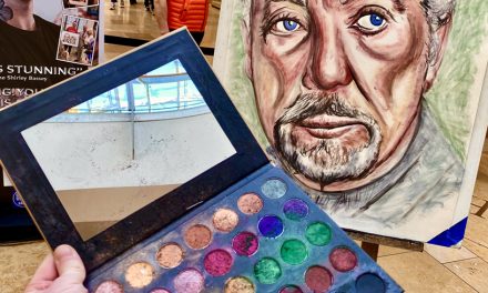 Tom Jones painted in colours of Glamorgan Sausage, Welsh Cake, Gower and the Green Green Grass of Home at St David’s Cardiff