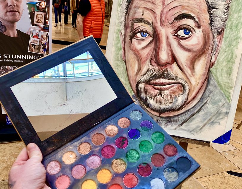 Tom Jones painted in colours of Glamorgan Sausage, Welsh Cake, Gower and the Green Green Grass of Home at St David’s Cardiff